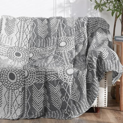 jinchan 100% Cotton Muslin Blanket Twin Boho Throw Blanket 50x60 Gray | 3-Layer, Tribal Geometric Quilt, Cooling Breathable Lightweight, for Adult, Soft, Reversible, Summer, Couch, Sofa, Bedroom - color: A. Boho Grey, size: 50"x60"
