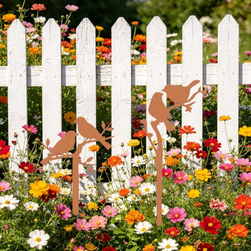 Metal Birds Garden Stake Set 2, 14.6 Inches | Rustproof Metal With Faux Rust, For Lawn, Flower Beds, Planters, Indoor Pots, Bird Silhouette Design