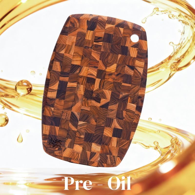 Teak Wood Oval End Grain Cutting Board 12" x 8" x 0.8", Small Solid Wood Kitchen Cutting Board for Fruit & Cheese Prep, Decorative Serving Board with Hanging Hole by New M Way