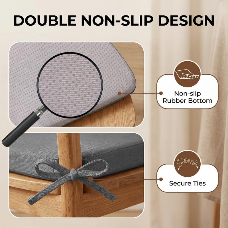 D-Shaped Chair Cushions Set of 1, Chair Pads with Ties, 17" x 16" | 2" Thick Non Slip Seat Cushion for Dining & Kitchen Chairs, 40D Foam, Removable Washable Cover, Grey - color: Grey