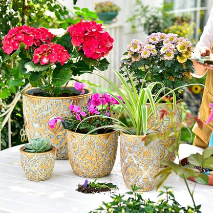 Sungmor Set of 2, 8 & 10 Inch Heavy Duty Embossed Cement Plant Pots | Sturdy Concrete Garden Planters with Drainage Holes, Decorative Flower Pots for Indoor Outdoor Home & Patio Decor