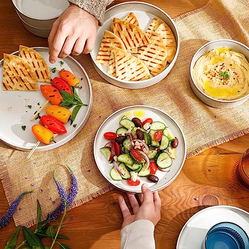 Two Time Oprah's Favorite Things Winner - Santorini Mist Double Bowl Terracotta Reactive Glaze Plates and Bowls Dinnerware Set - Moonstone White, Service for Four (16pcs) - color: Moonstone White