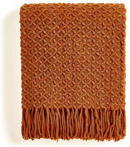 CREVENT Farmhouse Boho Knitted Throw Blanket for Couch Sofa Chair Bed Home Decoration, Soft Warm Cozy Light Weight for Spring Summer Fall (60''X80'' Caramel/Rust Burnt Orange) - color: Burnt Orange, size: 60inchx80inch