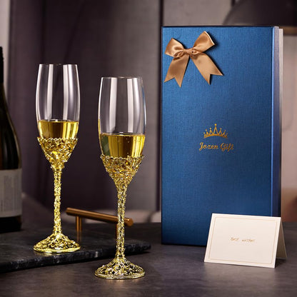 Champagne Flutes -His and Hers,Wedding Toasting Glasses for Engagement Celebrations, Bridal Shower and Registry Idea, Tall Wine Glasses for Bride and Groom Gifts,7oz (Gold New) - color: Gold New