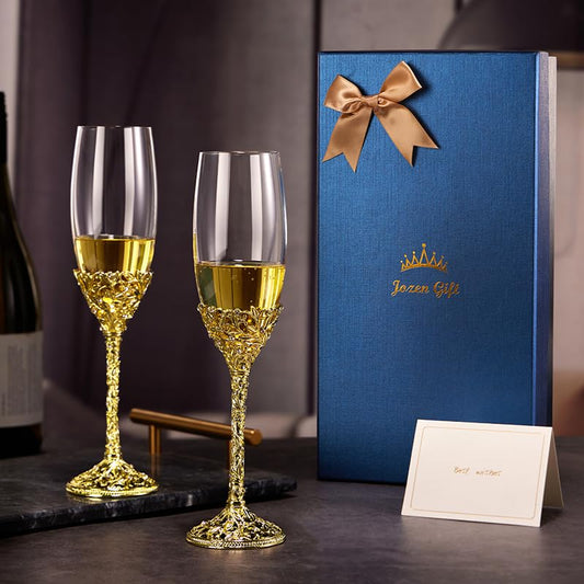 Champagne Flutes -His and Hers,Wedding Toasting Glasses for Engagement Celebrations, Bridal Shower and Registry Idea, Tall Wine Glasses for Bride and Groom Gifts,7oz (Gold New) - color: Gold New