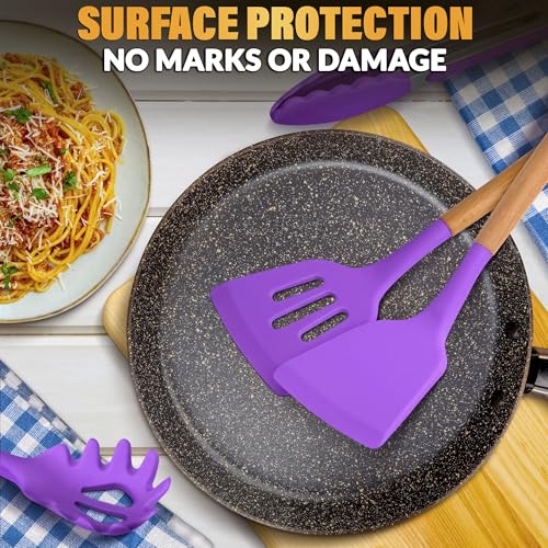 12 Pcs Purple Kitchen Accessories Set with Holder, Silicone Heads | Purple Kitchen Utensils Set for Cooking and Baking; Wooden Handles; Heat-Resistant up to 446°F; Non-Scratch for Nonstick Pans - color: Purple