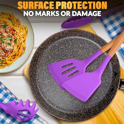 12 Pcs Purple Kitchen Accessories Set with Holder, Silicone Heads | Purple Kitchen Utensils Set for Cooking and Baking; Wooden Handles; Heat-Resistant up to 446°F; Non-Scratch for Nonstick Pans - color: Purple