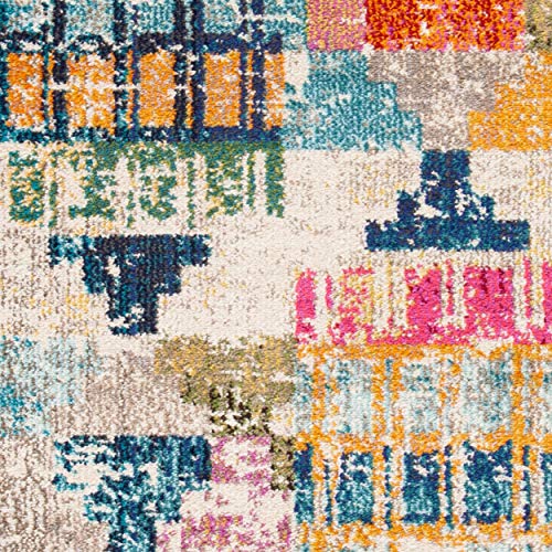 SAFAVIEH Madison Collection Area Rug - 6'7" Square, Ivory & Multi, Boho Abstract Distressed Design, Non-Shedding & Easy Care, Ideal for High Traffic Areas in Living Room, Bedroom (MAD417C) - size: 6'7" x 6'7" (Square)