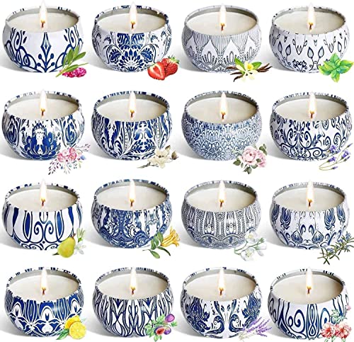Set of 16 Small Scented Candles Gifts,Blue and White Aroma Naturals Candles,2.5 OZ Soy Wax Travel Tin Jar Candles,Appropriate Gifts for Mom,Christmas, Birthday, Thanksgiving,Christmas Celebrations. - color: Blue