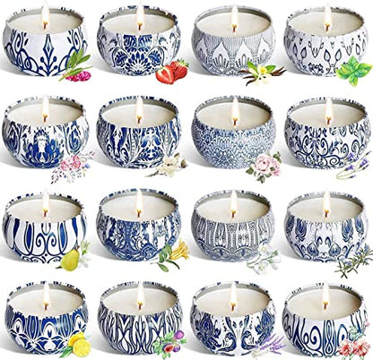Set of 16 Small Scented Candles Gifts,Blue and White Aroma Naturals Candles,2.5 OZ Soy Wax Travel Tin Jar Candles,Appropriate Gifts for Mom,Christmas, Birthday, Thanksgiving,Christmas Celebrations. - color: Blue