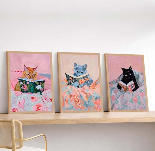 AUROR 3pcsFramed Cute Cat Reading Canvas Wall Art- Fun Whimsical Cat Prints Set -Pink Animal Book Picture Prints Suitable For Children'S Rooms, Girls' Rooms, Living Rooms, And Offices.16x24in - color: Cute pink cat, size: 16x24in