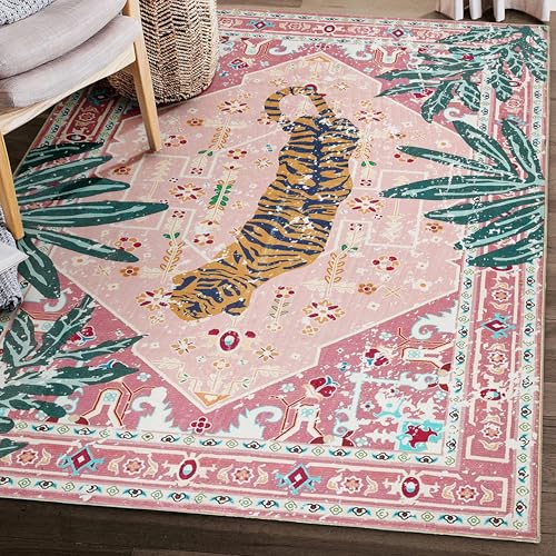 Tribal Rugs, 3x5 Pink Boho Small Area Rugs for Bathroom Kitchen Small Indoor Entryway Rug Modern Vintage Distressed Summer Tropical Jungle Carpet Non-Slip Washable - color: Pink, size: 3' x 5'