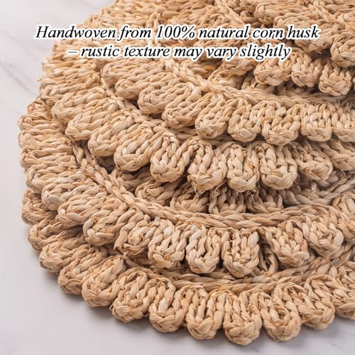 11.8" Set of 6 Round Corn Husk Placemats | Boho Woven Rattan Table Mats | Farmhouse Wicker Spring Plate Chargers Like Water Hyacinth, Seagrass for Wedding, Party, Christmas, Events - size: Set of 6 (Dia 11.8)