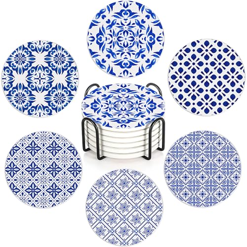 Drink Coasters Set of 6 with Holder, Handpainted Blue Pattern Absorbent Ceramic Coasters with Cork Base,Fit All Cups,Great Gift for Housewarming,Room Decor,Bar,Holiday Party - color: Handpainted Blue Pattern