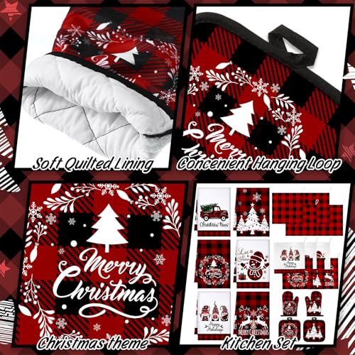 Sratte 20 Pcs Christmas Kitchen Towel Oven Mitts and Pot Holders Set Red and Black Buffalo Plaid Dish Cloths Set Heat Resistant Oven Gloves Hot Pads Reusable Dish Rags, Absorbent Towels