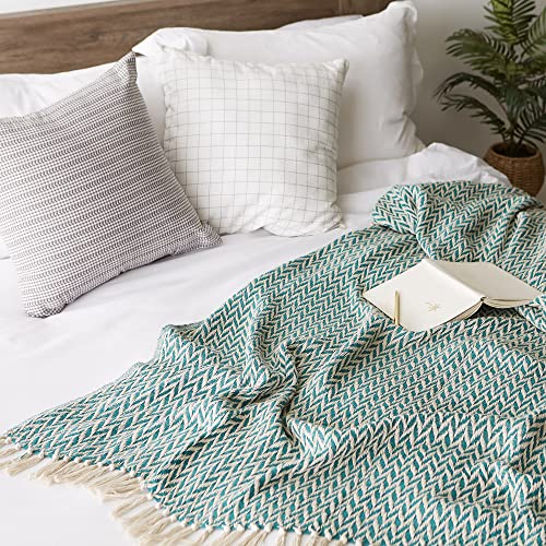 DII Modern Zig Zag Throw Blanket Woven Cotton, Hand-Knotted 2.5" Fringe, 50x60, Teal - color: Teal, size: 50x60"