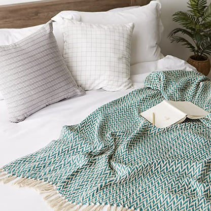 DII Modern Zig Zag Throw Blanket Woven Cotton, Hand-Knotted 2.5" Fringe, 50x60, Teal - color: Teal, size: 50x60"