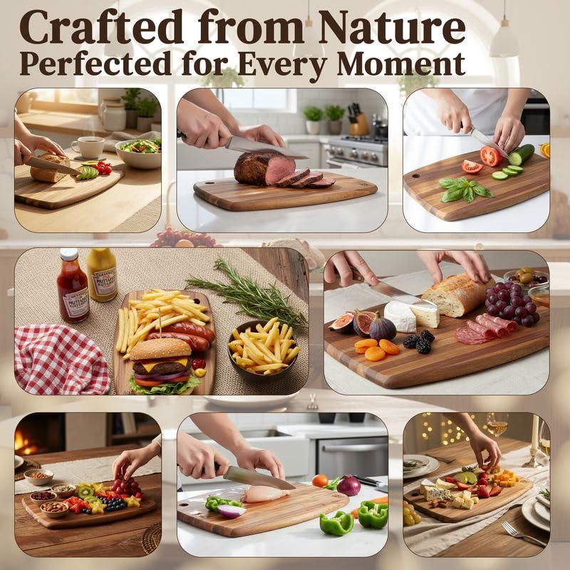 Set of 2 Acacia Wood Oval Cutting Boards 14" x 10" x 0.6" Thin, Handle & Hanging Hole, Edge Grain Solid Hardwood for Kitchen Prep, Cheese, Fruit, Bread, Non-Toxic, BPA/Plastic Free by New M Way - size: 14" x 10" x 0.6" (Set 2)