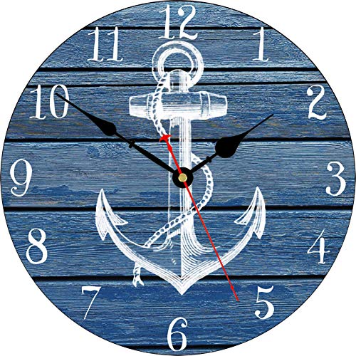 TAHEAT 8 Inch Blue Anchor Wall Clock, Nautical Coastal Beach Boat Compass Decor, Small Battery Operated Wall Clocks for Kitchen/Bedroom/Bathroom/Office - color: White Anchor Pattern, size: 8 inch