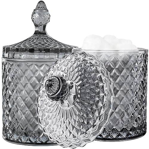 2 Pack Qtip Holder Apothecary Jars with Lid, Thick Glass, Large Gray | Bathroom Canisters Storage Organizer for Cotton Swabs, Balls, Pads, Floss Picks, Candy, Jewelry, Bathroom Decor - color: Grey, size: 23 oz (2 pack)
