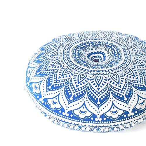 Mandala Floor Pillow Cover Meditation Cushion Seating Throw Hippie Round Colorful Decorative Bohemian Indian Pouf Ottoman Handmade Cover ONLY (Omb-Blue, 32" x 32") - color: Omb-blue, size: 32" x 32" (Pack of 1)