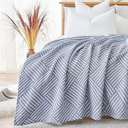 jinchan 100% Cotton Muslin Blanket Twin Boho Throw Blanket 60x80 Dusty Blue | 3-Layer, Dotted Diamond Quilt, Cooling Breathable Lightweight, for Adult, Soft, Reversible, Summer, Couch, Sofa, Bedroom - color: B. Square Blue, size: 60"x80"