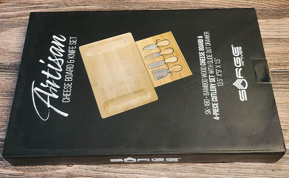 Sarge Artisan Bamboo Cheese Board Set, 4-Piece, Charcuterie Serving Tray | bamboo, stainless steel knives, hidden drawer, charcuterie, cheese, entertaining, parties, housewarming gift, SK-180