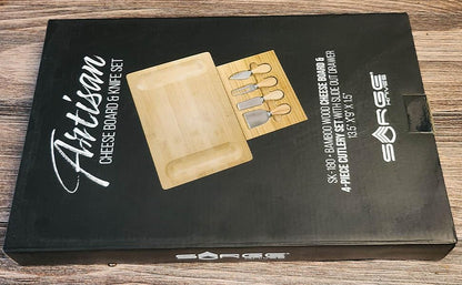 Sarge Artisan Bamboo Cheese Board Set, 4-Piece, Charcuterie Serving Tray | bamboo, stainless steel knives, hidden drawer, charcuterie, cheese, entertaining, parties, housewarming gift, SK-180