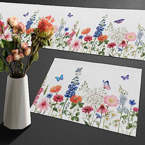 Watercolor Wild Flowers Table Runner and Place Mats Set of 6 | Floral Pattern Cotton Linen Dining Mat Sets Seasonal Spring Summer Holiday Decor Washable for Home Table Decorations - color: 02, size: 70 inch