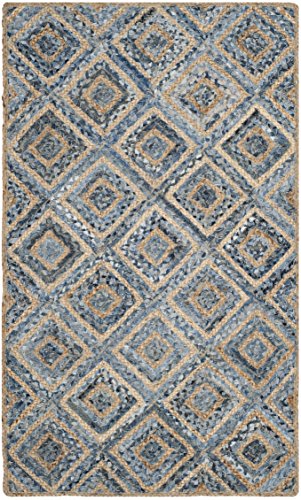 SAFAVIEH Cape Cod Collection Accent Rug - 3' x 5', Natural & Blue, Handmade Flat Weave Diamond Braided Jute & Denim, Ideal for High Traffic Areas in Entryway, Living Room, Bedroom (CAP354A) - color: Natural/Blue, size: 3' x 5' (Rectangular)