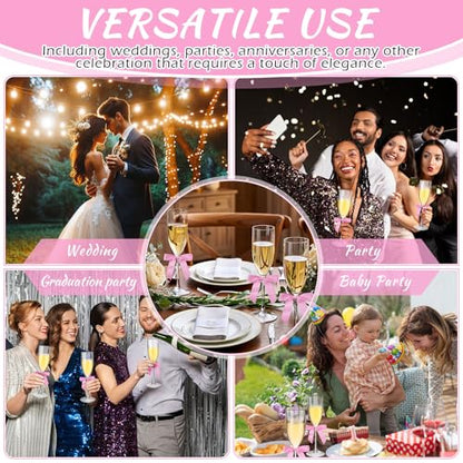 Zopeal Plastic Reusable Champagne Flute Glasses 6 oz and 50 Pcs Bow Set Acrylic Wedding Toasting Goblet 3.5" Bow Unbreakable Wine Cup for Bachelorette Bridal Shower Party(Clear and Pink) - color: Clear and Pink