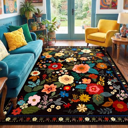 RELEANY Floral Washable 5x8 Area Rugs Black | Flower Carpet, Print, Boho, Non-Slip, Easy to Clean, Soft, Low Pile for Living Room Bedroom Kitchen Office Entryway Hallway - color: Black, size: 5' x 8' (Rectangular)