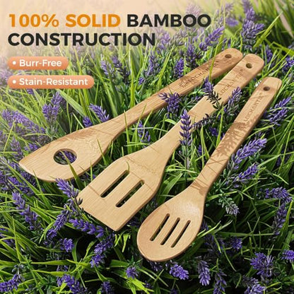 Wooden Spoons for Cooking Bamboo Utensils Set (6 Pieces) - Essential Tools Wooden Spoons & Spatula for Everyday Stirring, Mixing, Flipping & Serving, Gentle on Nonstick Cookware