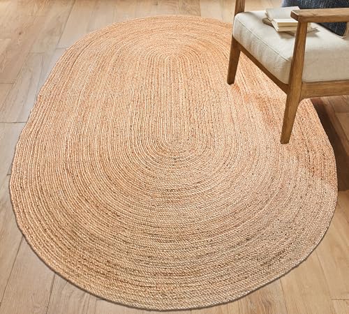 Hand Woven Natural Jute Braided Area Rug – 5x8 Feet Oval | Vintage Boho Reversible Rug for Living Room, Bedroom, Dining Area, Entryway | Farmhouse Natural Fiber Floor Covering - size: 5' x 8' (Oval)