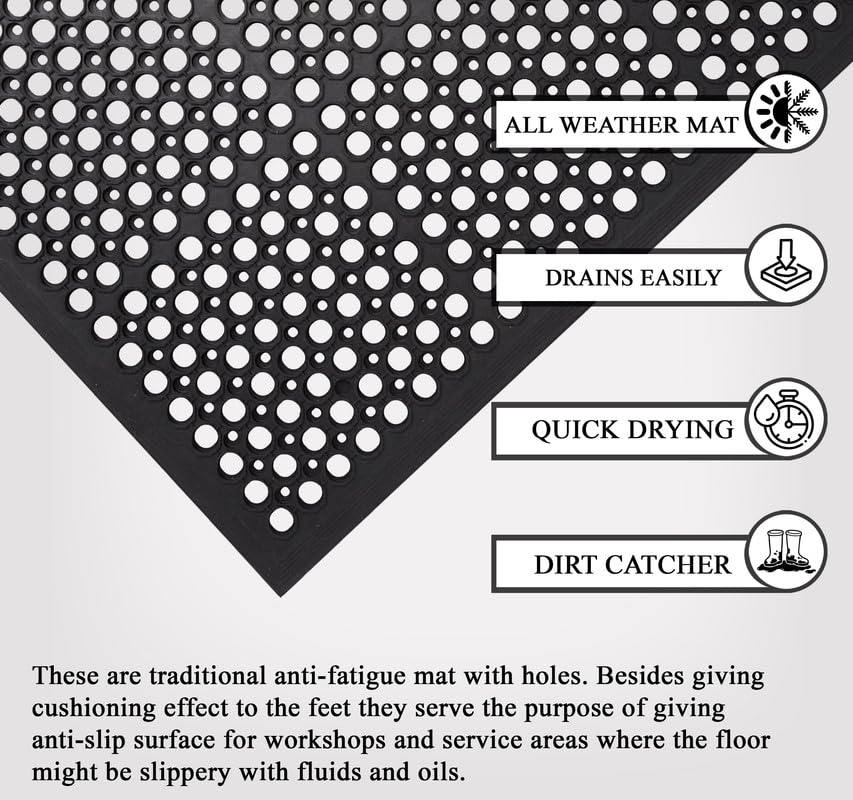 A1 Home Collections Anti Fatigue Mat, 0.6" Thick Heavy Duty Rubber Floor Mat with Drainage Holes - Non-Slip Kitchen, Bar & Restaurant Mat, 24x36 in (3 Pack) - size: 3 Pack - 36"L x 24"W x 0.6"Th