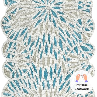 Beaded Table Runner, Sky Blue White, 36x13 | Glass beads on polyester backing, 36x13 in, coastal style, weddings, holidays, farmhouse dining tables - color: Sapphire Salt, size: 36"x13"