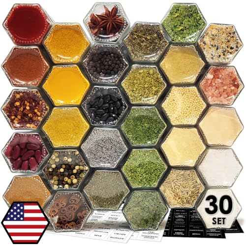 30 Set Magnetic Spice Jars for Refrigerator Hexagon Glass Spice Jars with Magnetic Lids, Shaker, Spice Labels, Magnetic Glass Spice Containers for RV Travel Trailer Kitchen Fridge Cabinet Wall mount
