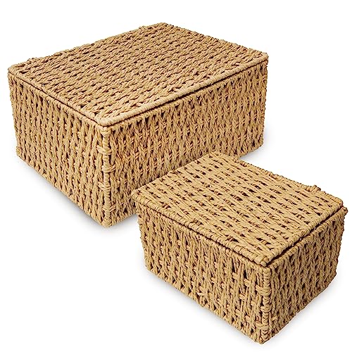 RoyalHouse Woven Stackable Storage Baskets with Lid, Decorative Rope Organizer Bin - Set of 4 (4 Sizes), Beige (No Liner)
