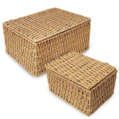 RoyalHouse Woven Stackable Storage Baskets with Lid, Decorative Rope Organizer Bin - Set of 4 (4 Sizes), Beige (No Liner)