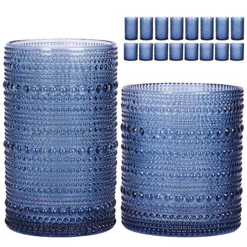 Moretoes Blue Hobnail Drinking Glasses Set of 16,Glass Cups | 12 Oz Highball Glasses & 10 Oz Cocktail Glasses, Kitchen Bar Tumbler Glassware Set for Whiskey, Beer, Juice, Milk - color: Blue, size: 16pcs