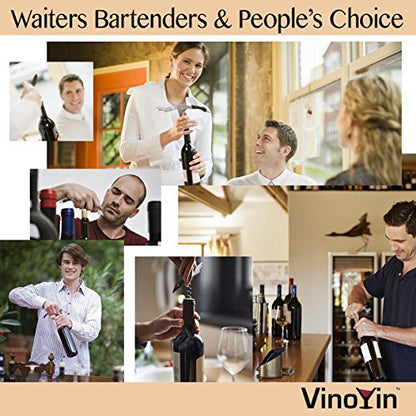 All In One Waiter's Corkscrew Gift Set - Stainless Steel with Ebony Wood Inlay - Includes Wine & Beer Bottle Opener and Foil Cutter, with Gift Box by VinoYin