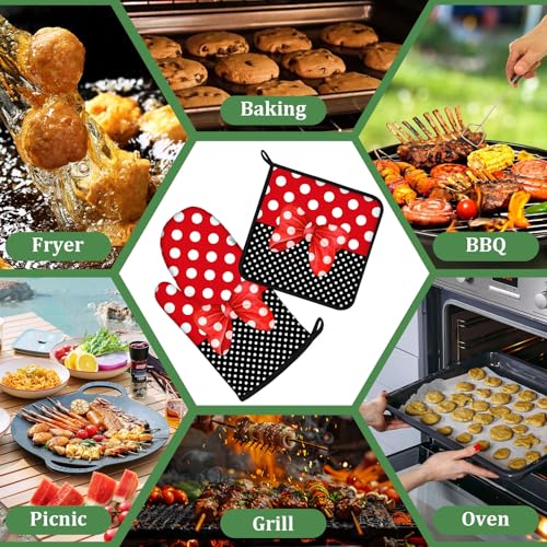 Red Black Polka Dot Bow Oven Mitts and Pot Holders Sets 4 Pcs Silicone Kitchen Gloves Heat Resistant Potholders for Baking Grilling BBQ - color: Polka Bow