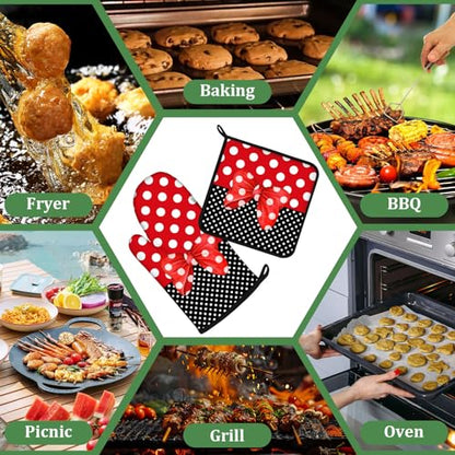 Red Black Polka Dot Bow Oven Mitts and Pot Holders Sets 4 Pcs Silicone Kitchen Gloves Heat Resistant Potholders for Baking Grilling BBQ - color: Polka Bow