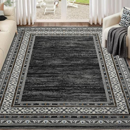 Modern Solid 8x10 Area Rugs for Living Room Washable Non Slip Neutral Rugs, Stain Resistant Bordered Soft Carpet, Neutral Foldable Floor Rugs for Bedroom, Dining Room, Nursery, Black | Non Slip Low Pile Stain Resistant Neutral Bordered Soft Foldable Rug f