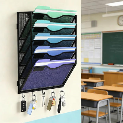 Gawerk Hanging Wall File Organizer with 5 Hooks - Wall Mounted Mail Paper Document Folder Holder, Sturdy Mesh Magazine Rack for Office Home (5 Tier) - size: 5 Tier