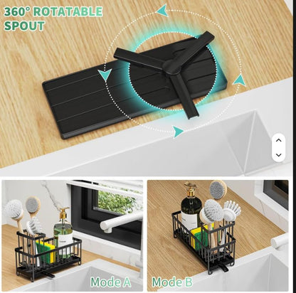 Kitchen Sink Organizer, Large Sink Caddy with Drain Tray, Stainless Steel Sponge Holder, Dish Cloth Rack, Brush Holder, Rustproof Countertop Kitchen Organizer