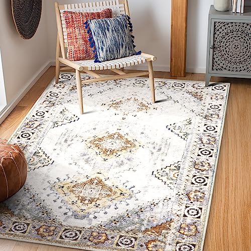 COMSLE Area Rug 4x6 Faux Wool Rugs for Kitchen, Boho Washable Throw Rugs Non-Slip Distressed Carpet Soft Accent Floor Rug for Bedroom, Living Room, Laundry Room (Khaki) - color: Khaki, size: 4' x 6' (Rectangular)