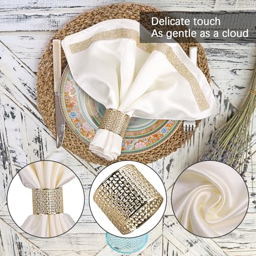 12 Pack Cloth Napkins and Gold Napkin Rings Set of 6, 17x17 Bling Trim Satin Cocktail Napkins Cloth Washable Personalized Dinner Napkins for Wedding Party Holiday Decorative | 17x17 Inch Personalized White Napkins Set, Washable Fancy Dinner & Cocktail Nap