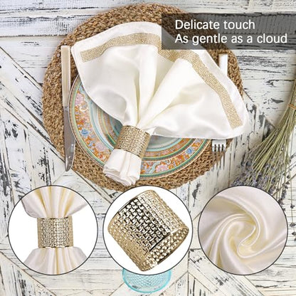 12 Pack Cloth Napkins and Gold Napkin Rings Set of 6, 17x17 Bling Trim Satin Cocktail Napkins Cloth Washable Personalized Dinner Napkins for Wedding Party Holiday Decorative | 17x17 Inch Personalized White Napkins Set, Washable Fancy Dinner & Cocktail Nap