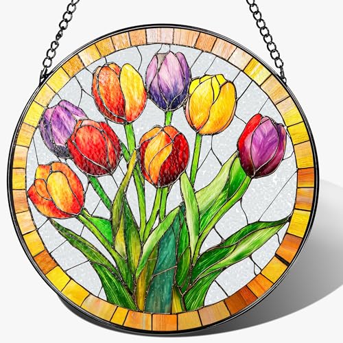 Stained Glass Window Hanging, 8 Inch Tulips Stained Glass Suncatcher, Botanical Lover Gift, Flowers Sun Catcher, Colorful Window Decor, Tulips Housewarming Gifts, Gifts for Mom Her - color: Tulips